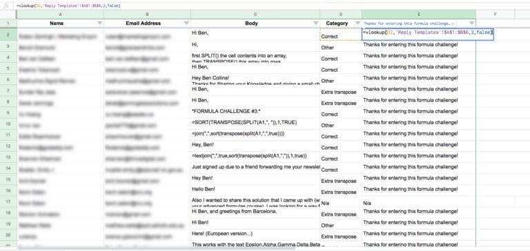 sử dụng hàm VLOOKUP  để thêm một trong các mẫu trả lời này vào mỗi hàng